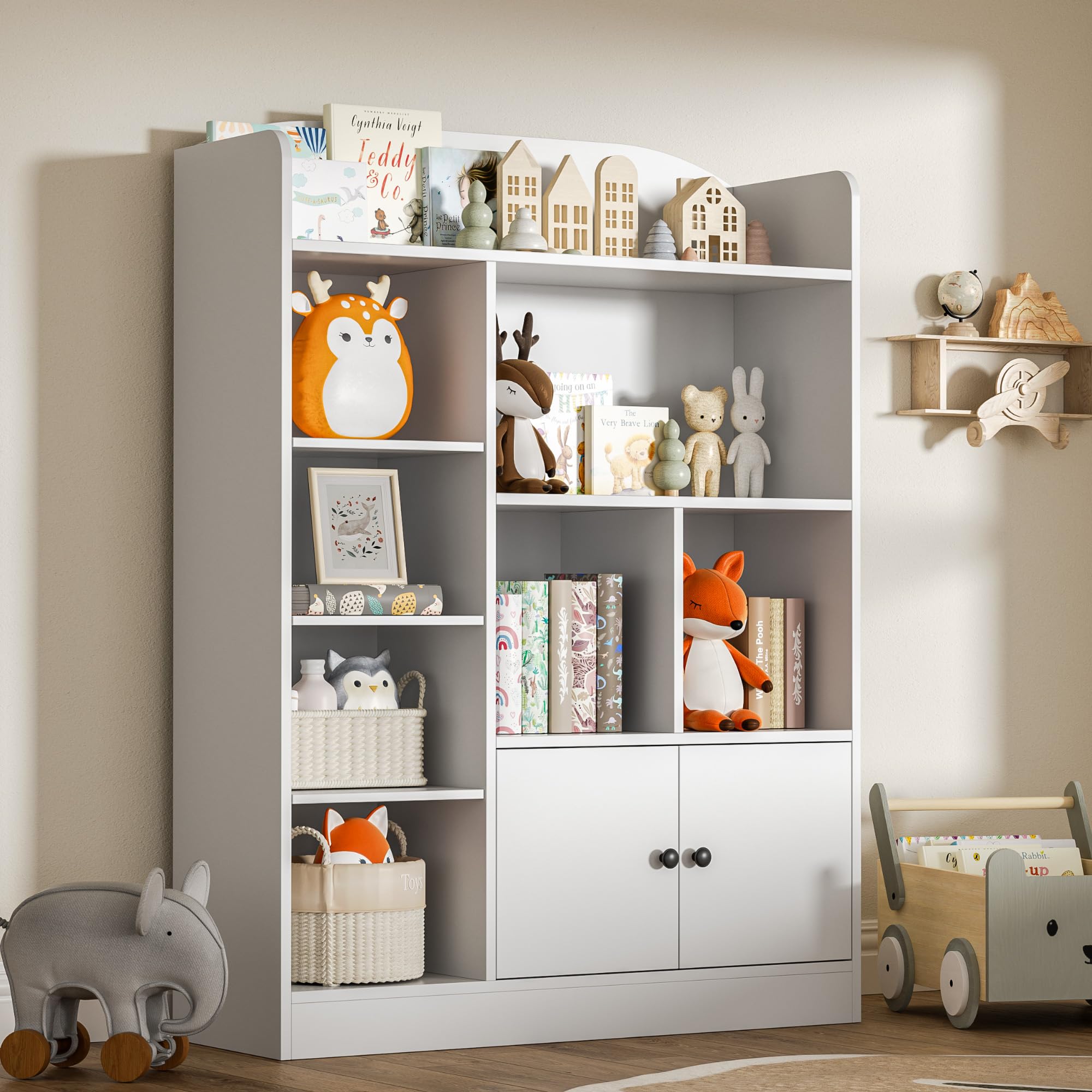 DIYART White Kids Bookshelf, Kids Bookcase with 7 Cubbies and 2 Cabinets, Freestanding Book Storage Shelves for Bedroom, Playroom, Hallway