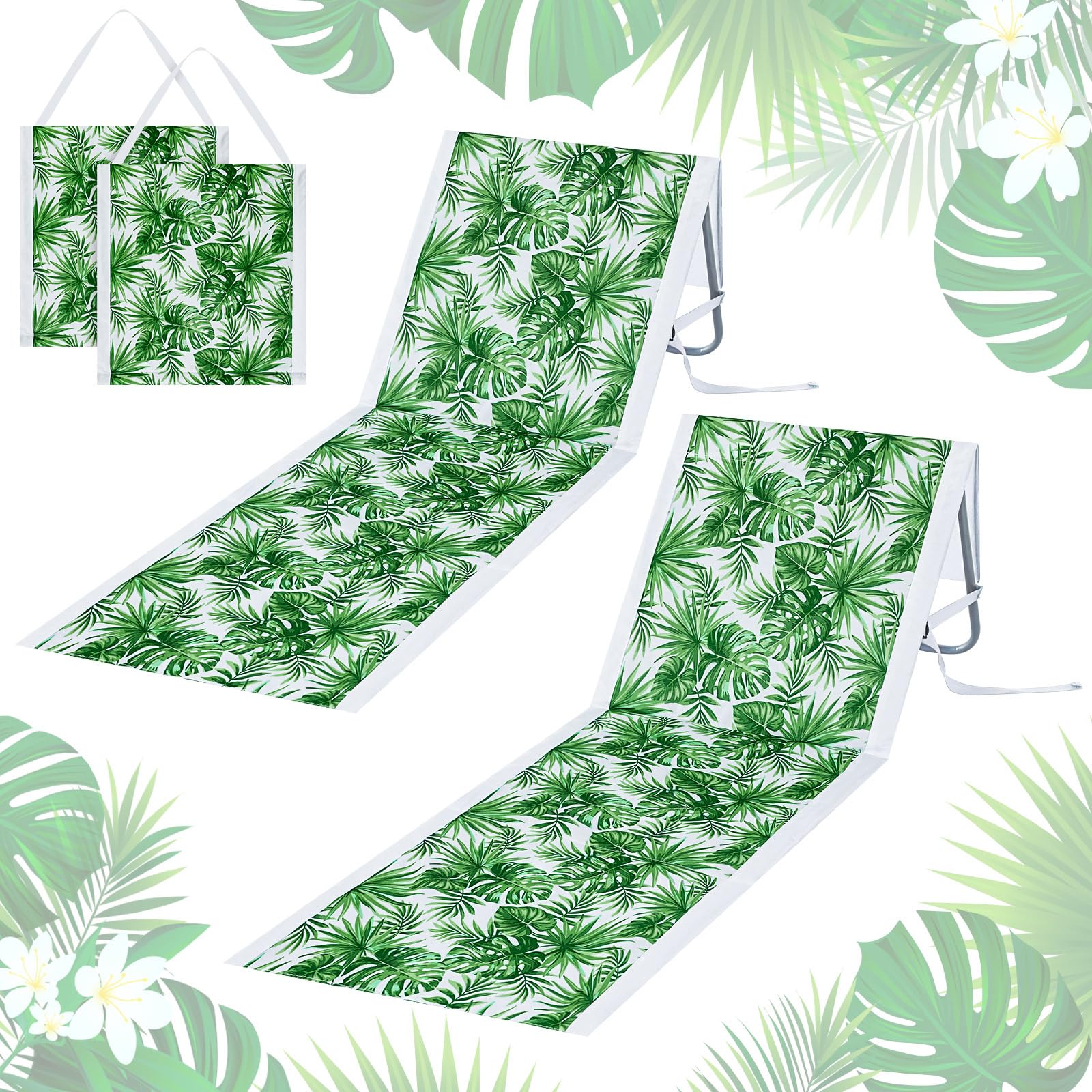 Lineshading 2 Pack Portable Beach Lounge Chair for Adults Folding Tanning Mat Lightweight Sun Beach Lounger Ideal Beach Chairs Adjustable Position Lawn Chair Outdoor Sunbathing(Monstera Leaf)