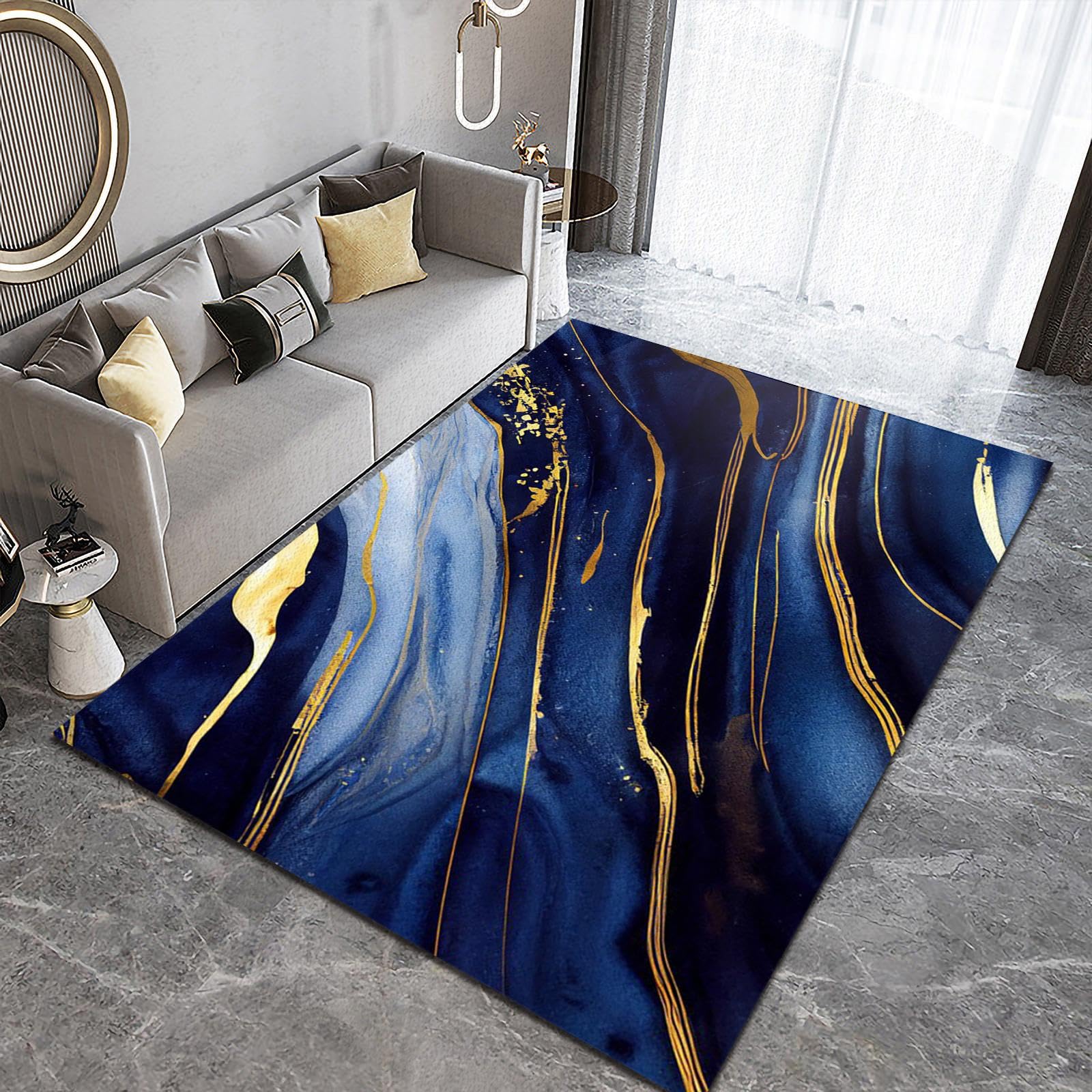 Navy Blue Gold Marble Texture Area Carpet, Retro Gradient Light Luxury Living Room Rugs, Floor Rugs Machine Washable Lightweight Portable Breathable for Bedroom Office Study5 x 6ft