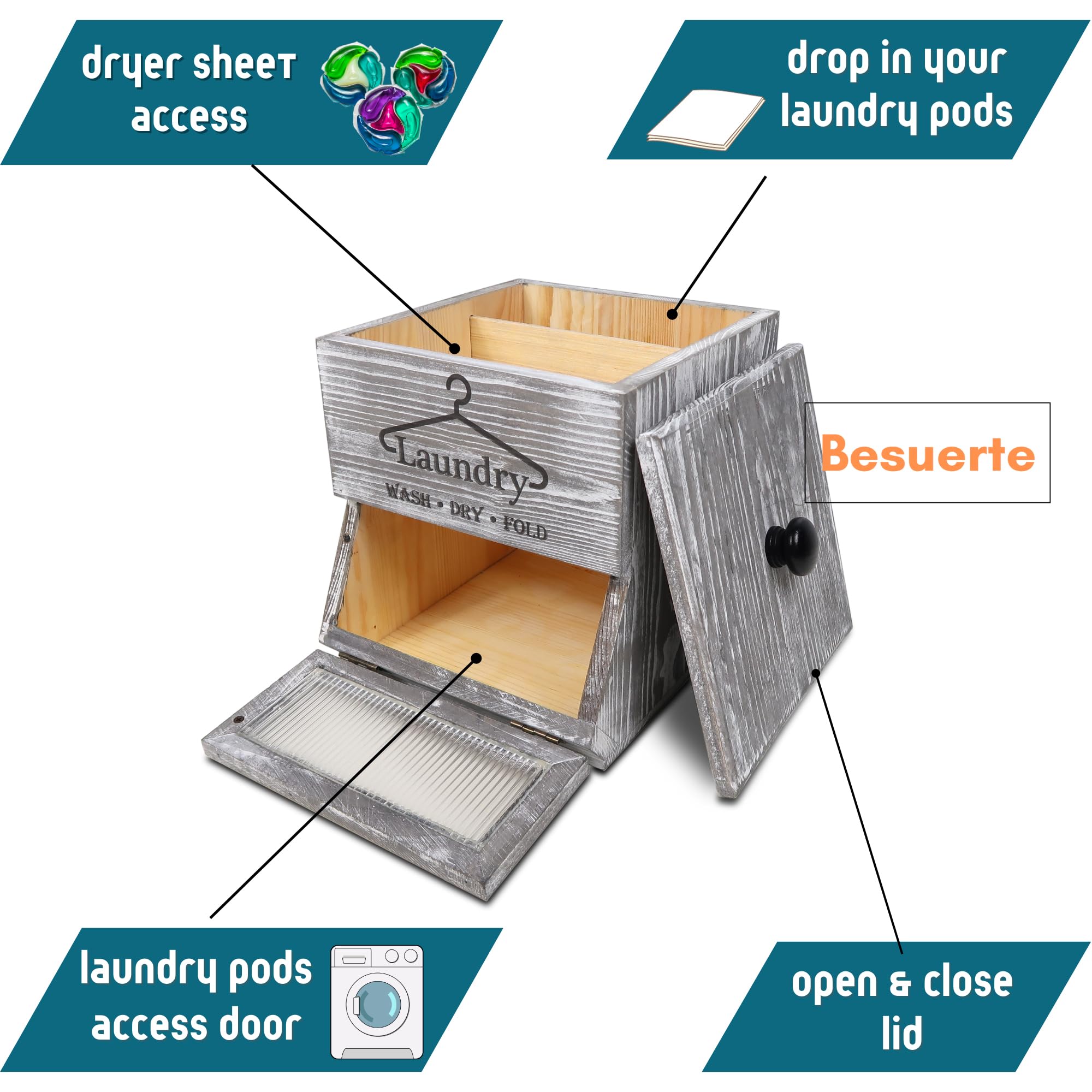 Besuerte Farmhouse Dryer Sheets Holder & Laundry Pod Container, Rustic Grey Wooden Laundry Pod Dispenser, Dryer Sheets Container Laundry Room Organizers And Storage