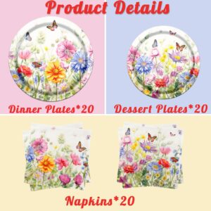 CMUSKO Wildflower Party Decorations, 60Pcs Floral Paper Plates Napkins Table Decorations, Wildflower Decor Tableware Set for Spring Summer Birthday Baby Shower Bridal Shower Garden Tea Party