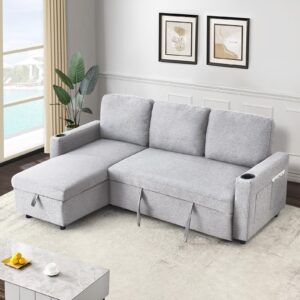 antetek reversible sectional sofa couch with pull-out bed, modern linen l-shaped sleeper sofa bed with storage chaise/cup holder/side pocket, furniture set for living room, small space, light grey