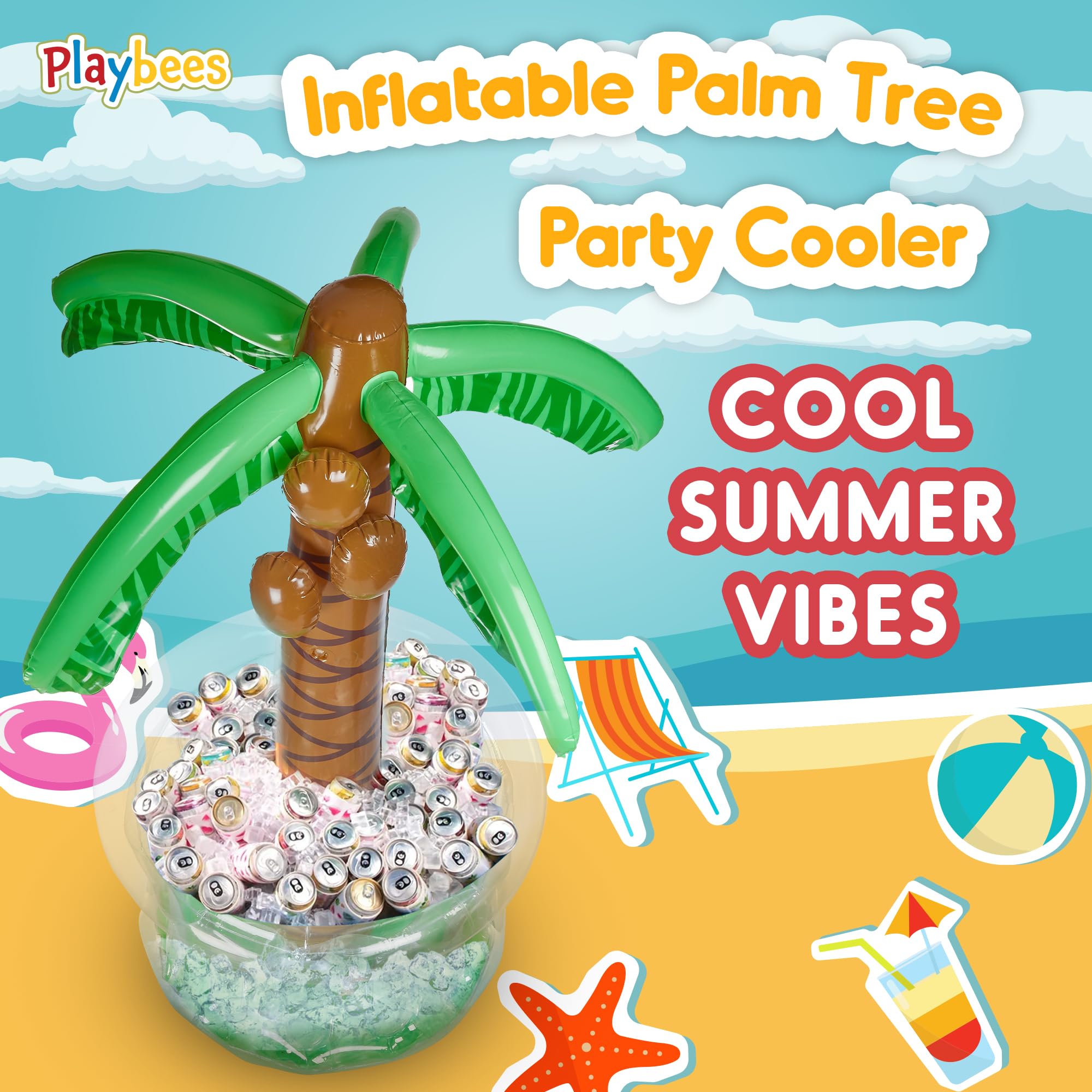 Inflatable Palm Tree Cooler 60" - Blow Up Palm Tree Party Cooler, Luau Hawaiian Tropical Beach Theme, Summer Swimming Pool Party Decorations - Outdoor Party Supplies - Kids Adults Birthday