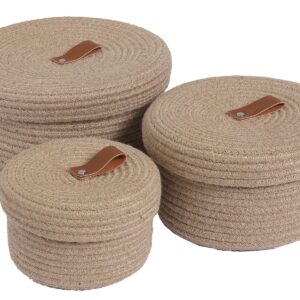 Cottonphant Set of 3 Stylish Round Woven Baskets with Lids - Elegant Storage Solution for Home Decor and Organization - Compact Shelf Baskets (Jute, 10"x6"-8"x5"-6"x4")