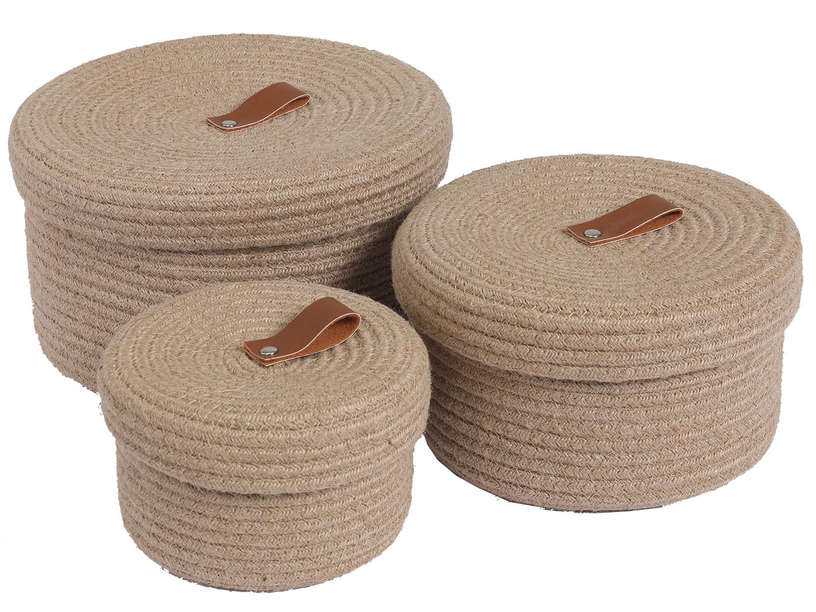 Cottonphant Set of 3 Stylish Round Woven Baskets with Lids - Elegant Storage Solution for Home Decor and Organization - Compact Shelf Baskets (Jute, 10"x6"-8"x5"-6"x4")