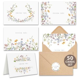 pack 50 floral thank you cards with envelopes (4"x6") - thank you notes with envelopes set - wildflower thank you cards with envelope and stickers - for wedding, bridal showers, baby showers, ect