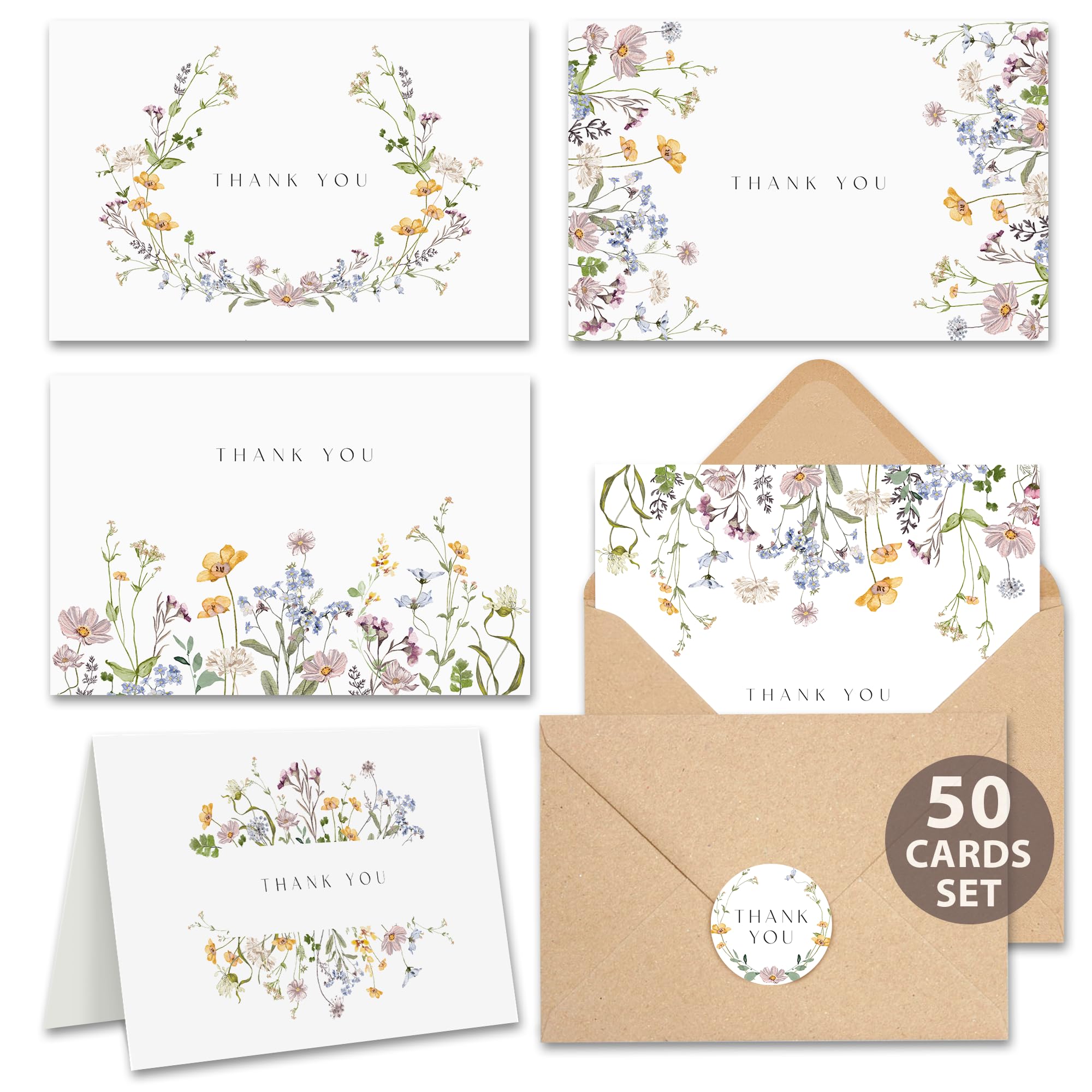 Pack 50 Floral Thank You Cards With Envelopes (4"x6") - Thank You Notes With Envelopes Set - Wildflower Thank You Cards With Envelope And Stickers - for Wedding, Bridal Showers, Baby Showers, Ect