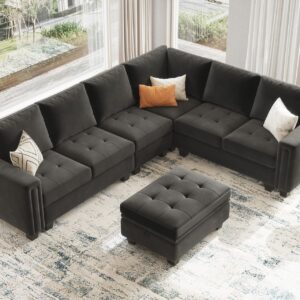 Belffin Velvet L Shaped Sofa Couch with Reversible Chaise Convertible Modular Sectional Sofa Set with Storage Ottoman Corner Sofa Set for Living Room Grey