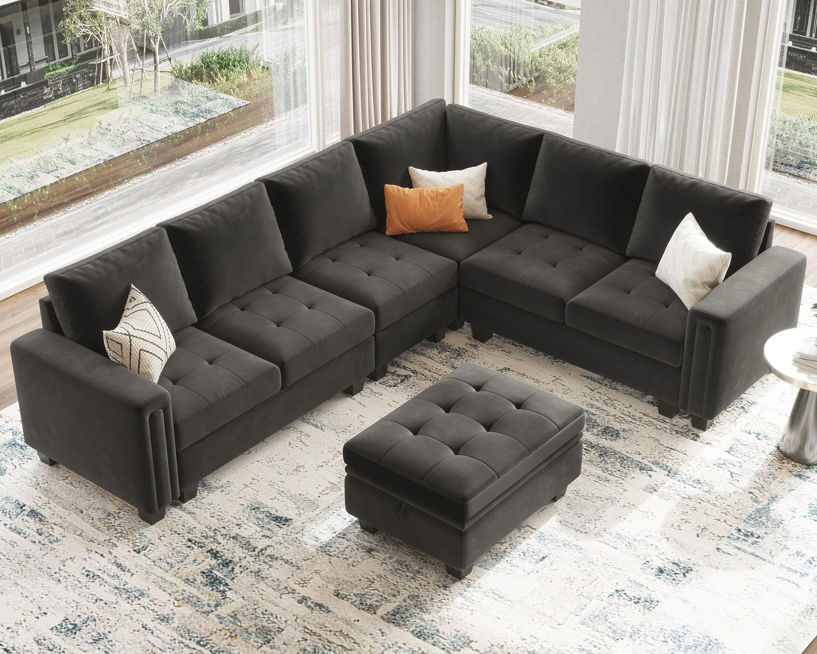 Belffin Velvet L Shaped Sofa Couch with Reversible Chaise Convertible Modular Sectional Sofa Set with Storage Ottoman Corner Sofa Set for Living Room Grey