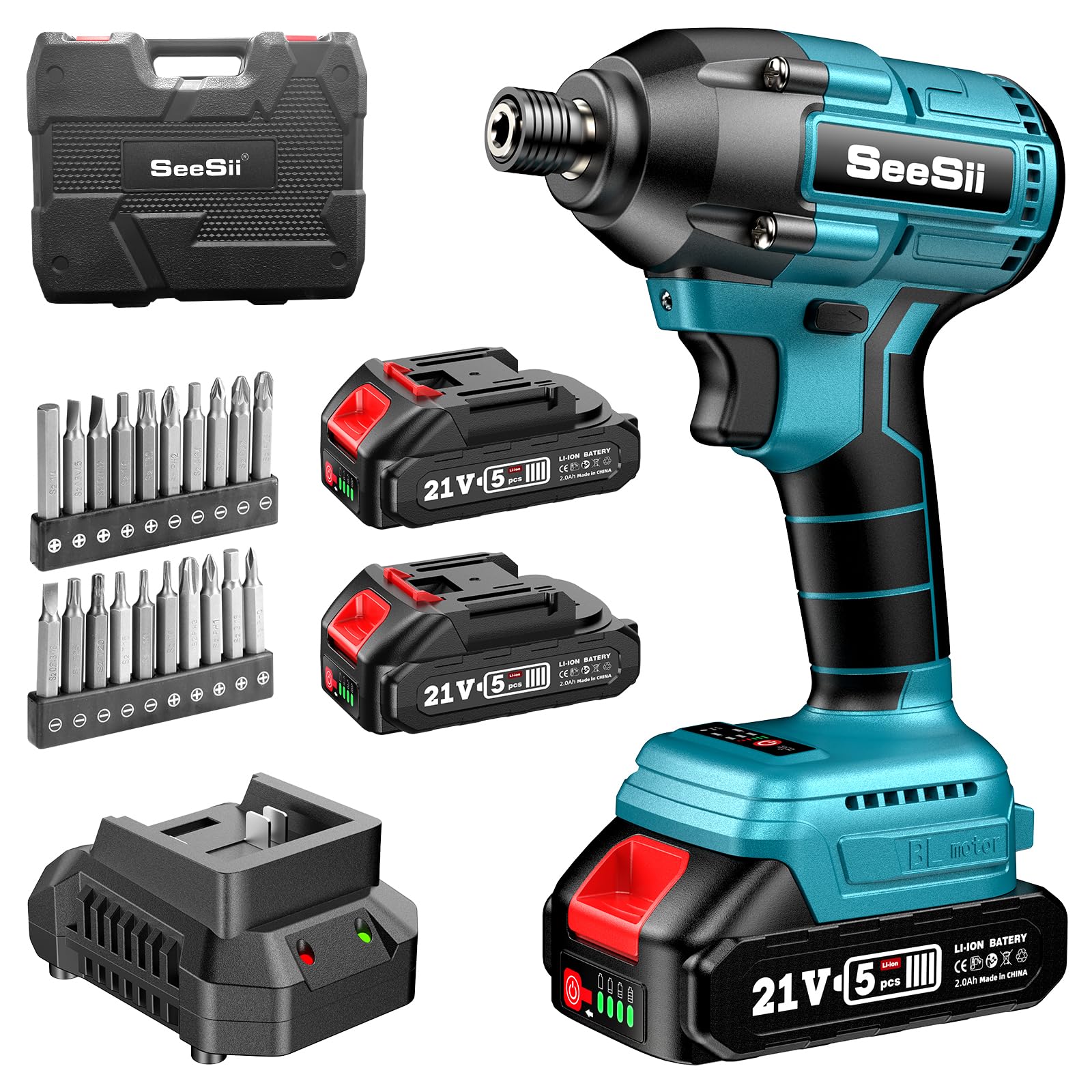 Seesii Impact Driver Kit, 21V Max Torque 1590 In-lbs(180 N.m) Cordless Impact Driver Set with Two 2.0 Ah Battery, 1/4" Hex Chuck Power Impact Drill, 0-2500 RPM Variable Speed, 20 Pcs Drill Bits, QH150