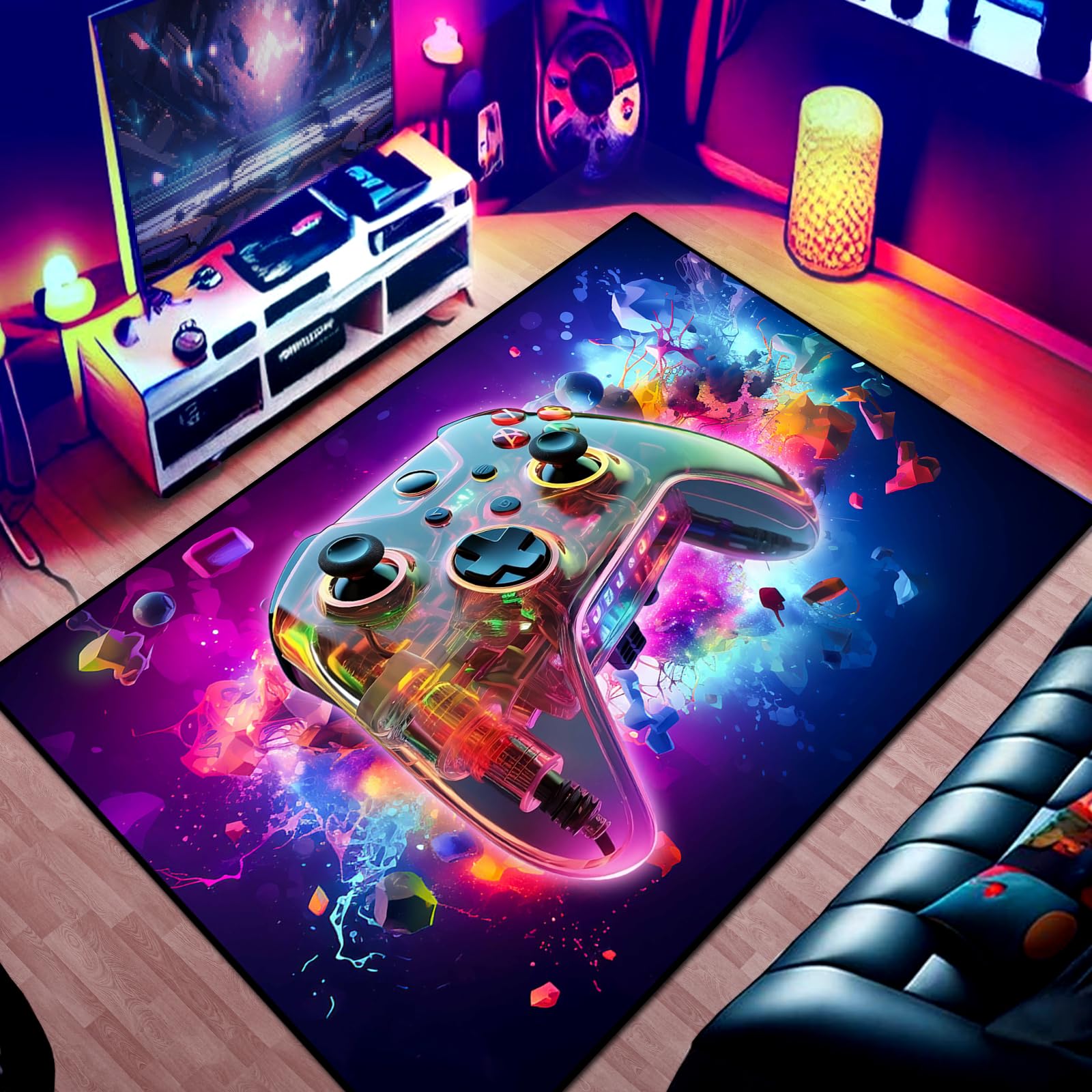 Gaming Area Rug Teen Boys Carpet, 3D Transparent Gamepad and Colorful Bomb Background Game Controller Design for Game Room, Gaming Room, Boys Girls Bedroom Playroom, Living Room (60" x 40")