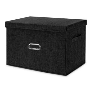 valease large linen fabric foldable storage bins with removable lid and handles, washable storage box organizer containers baskets cube with cover for bedroom,office(black, medium)