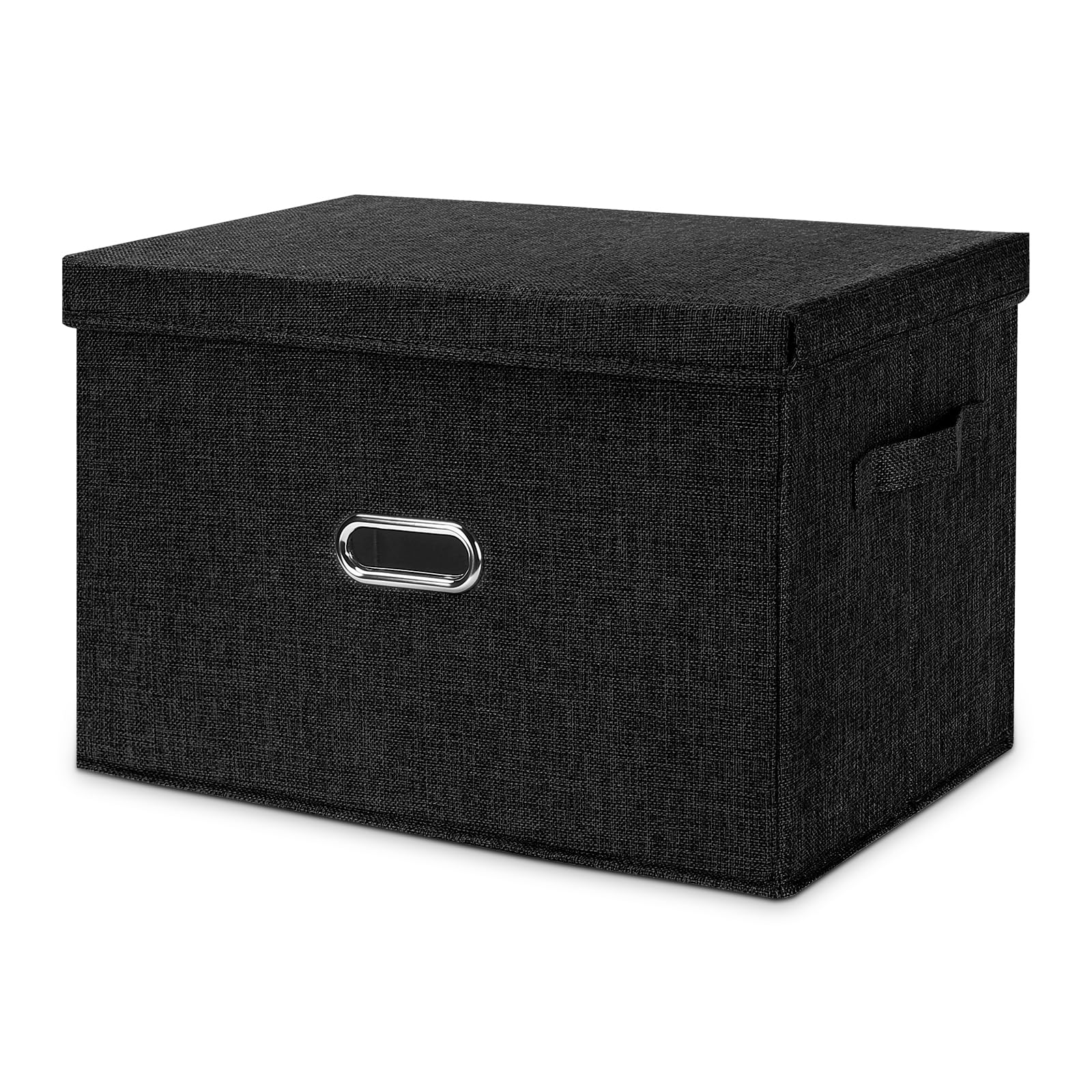 Valease Large Linen Fabric Foldable Storage Bins with Removable Lid and Handles, Washable Storage Box Organizer Containers Baskets Cube with Cover for Bedroom,Office(Black, Medium)