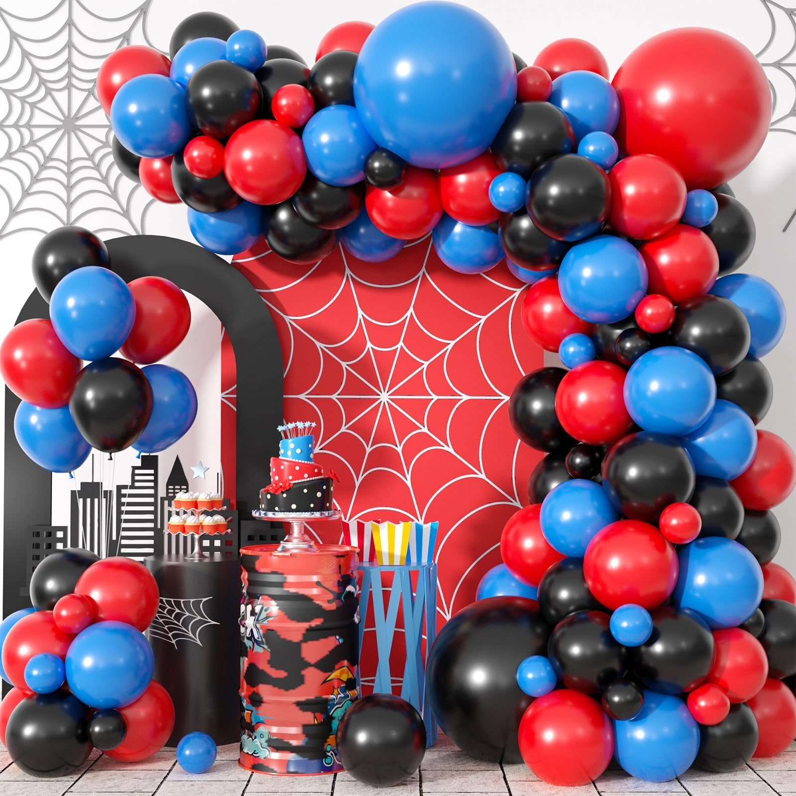 Blue Red Black Balloon Arch Garland Kit, Blue Red Black Latex Balloon Spider Theme Balloon Arch for Boys Kids Super Spider Hero Birthday Party Baby Shower Decoration Spider Theme Party Supplies