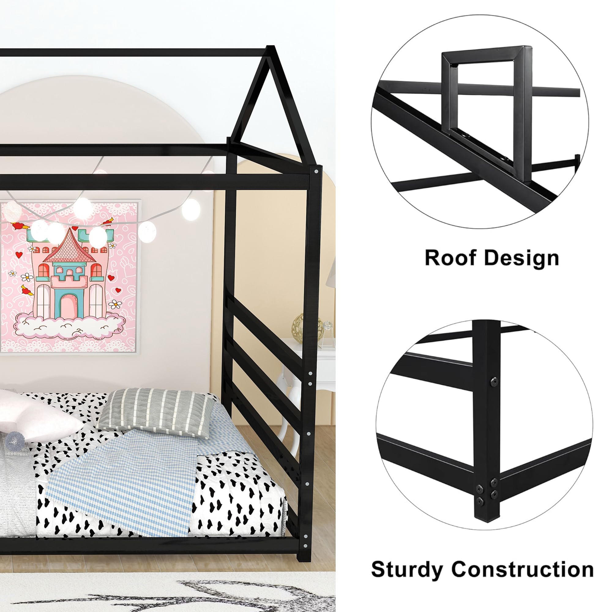 Bellemave Queen Size Metal Floor Bed for Kids,Montessori Floor Bed with Roof,House Bed for Boys Girls,Metal House Shape Platform Bed,Black