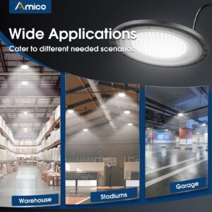 Amico 1 Pack UFO LED High Bay Light 200W 28,000lm 5000K with UL Listed US Hook 5' Cable Alternative to 650W MH/HPS for Gym Factory Barn Warehouse Lighting Fixture