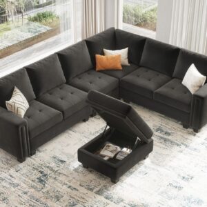 Belffin Velvet L Shaped Sofa Couch with Reversible Chaise Convertible Modular Sectional Sofa Set with Storage Ottoman Corner Sofa Set for Living Room Grey