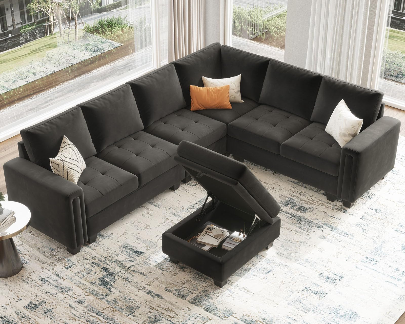 Belffin Velvet L Shaped Sofa Couch with Reversible Chaise Convertible Modular Sectional Sofa Set with Storage Ottoman Corner Sofa Set for Living Room Grey