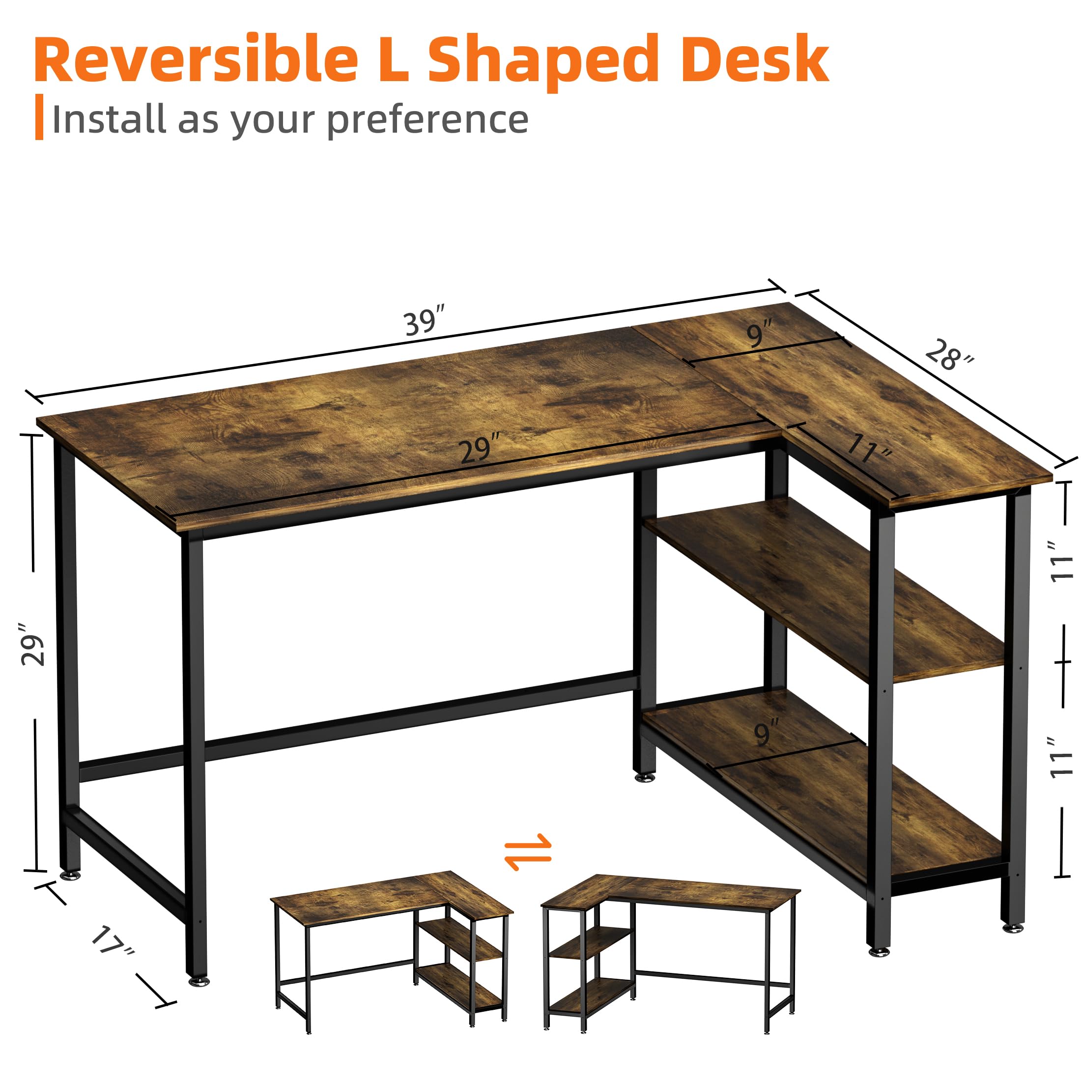 WOODYNLUX L Shaped Desk - 39" Home Office Computer Desk with Shelf, Gaming Desk Corner Table for Work, Writing and Study, Space-Saving, Rustic Brown