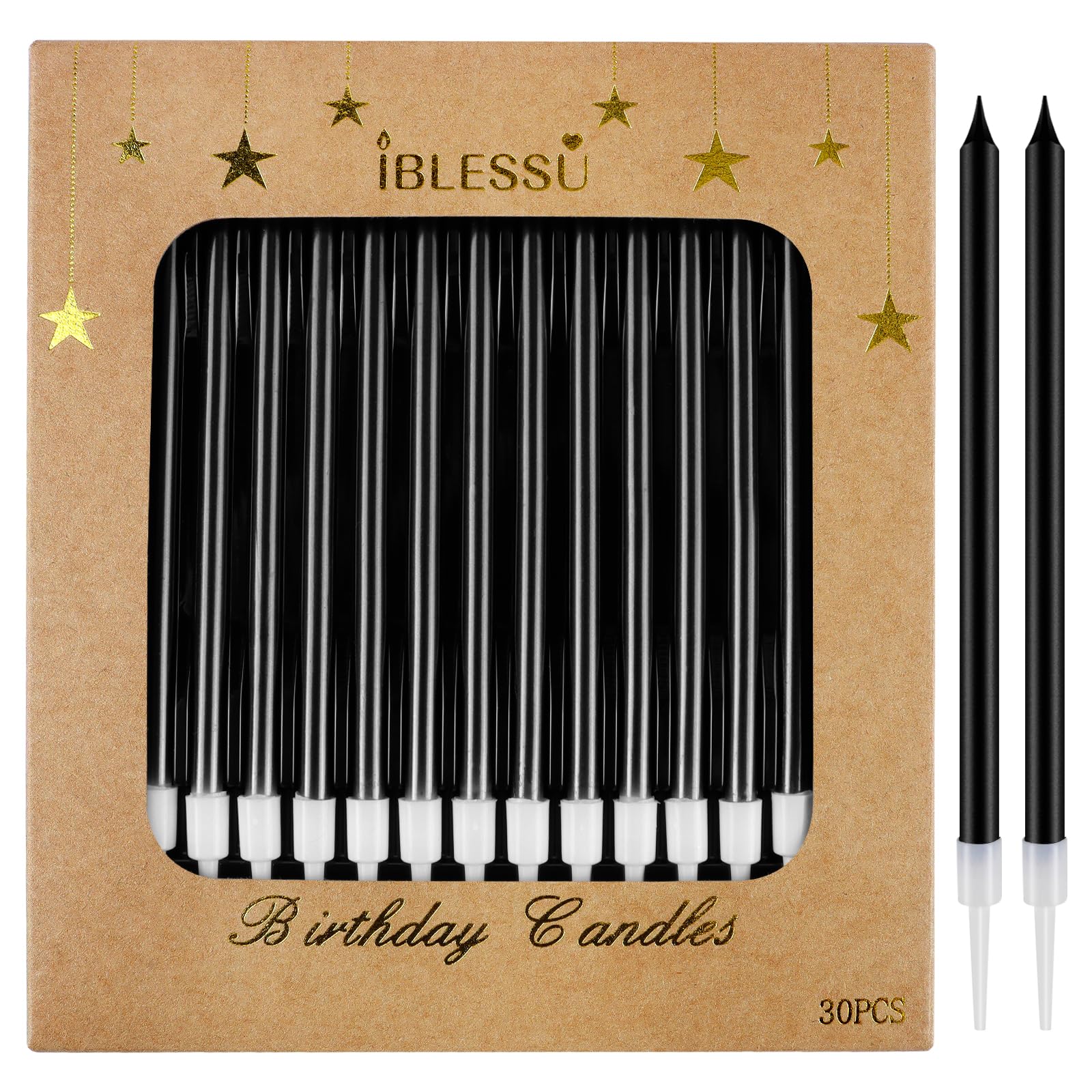 IBLESSU 30 Pcs Long Birthday Candles - Birthday Candles, Cake Candles, Tall Birthday Candles, Party Candles, Cake Candles for Birthday Wedding Black Candles (Black)