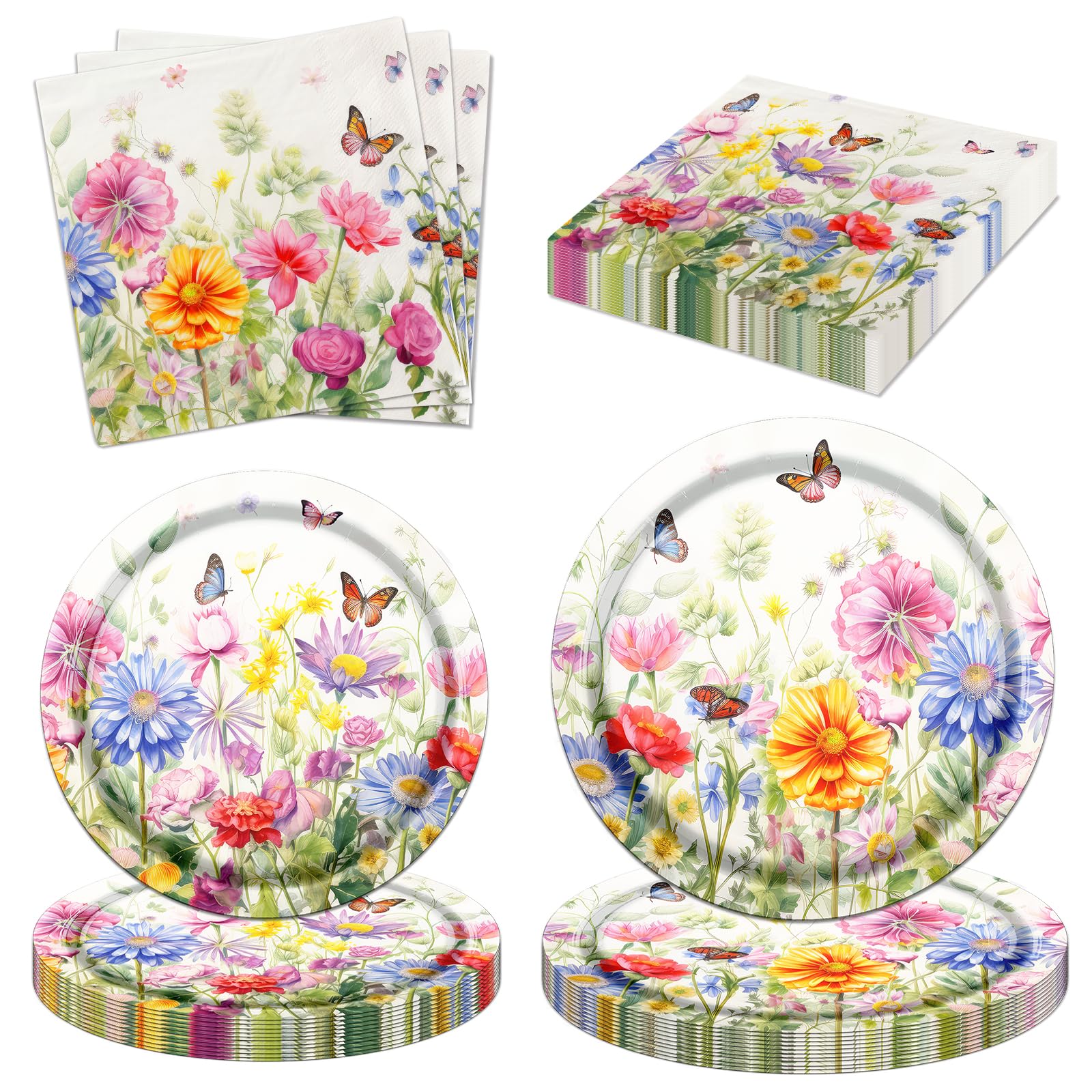 CMUSKO Wildflower Party Decorations, 60Pcs Floral Paper Plates Napkins Table Decorations, Wildflower Decor Tableware Set for Spring Summer Birthday Baby Shower Bridal Shower Garden Tea Party