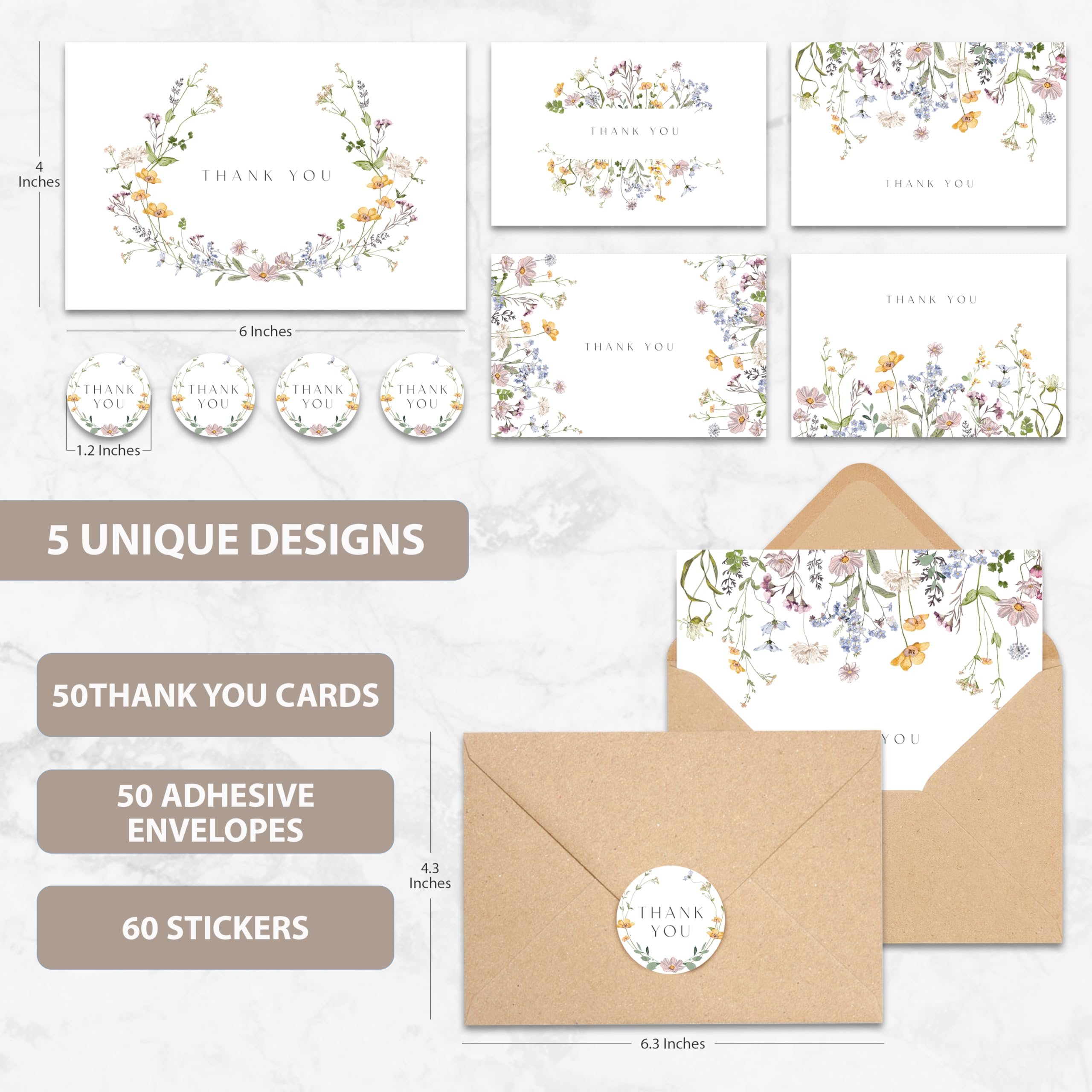 Pack 50 Floral Thank You Cards With Envelopes (4"x6") - Thank You Notes With Envelopes Set - Wildflower Thank You Cards With Envelope And Stickers - for Wedding, Bridal Showers, Baby Showers, Ect