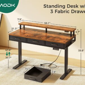 AODK Electric Standing Desk with Drawers, 55 Inch Height Adjustable Gaming Desk with Power Outlets & LED Lights, Sit Stand Table with Monitor Stand for Home, Office, Workstation, Rustic Brown