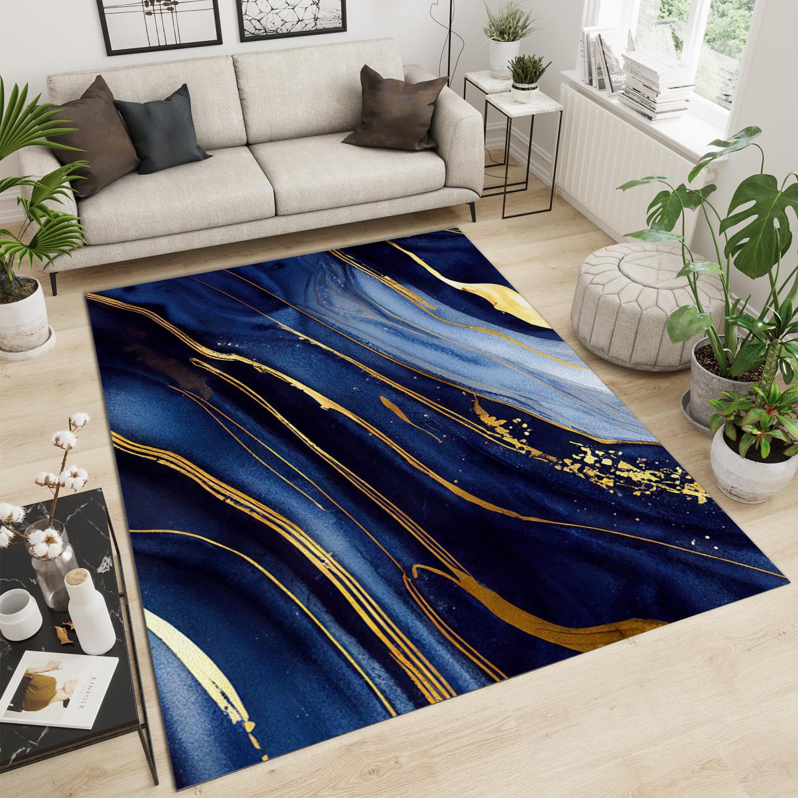 Navy Blue Gold Marble Texture Area Carpet, Retro Gradient Light Luxury Living Room Rugs, Floor Rugs Machine Washable Lightweight Portable Breathable for Bedroom Office Study5 x 6ft