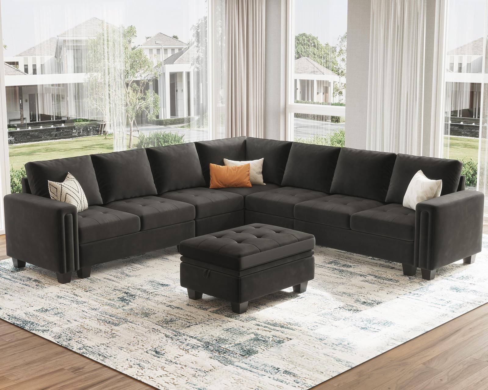 Belffin Velvet L Shaped Sofa Couch with Reversible Chaise Convertible Modular Sectional Sofa Set with Storage Ottoman Corner Sofa Set for Living Room Grey