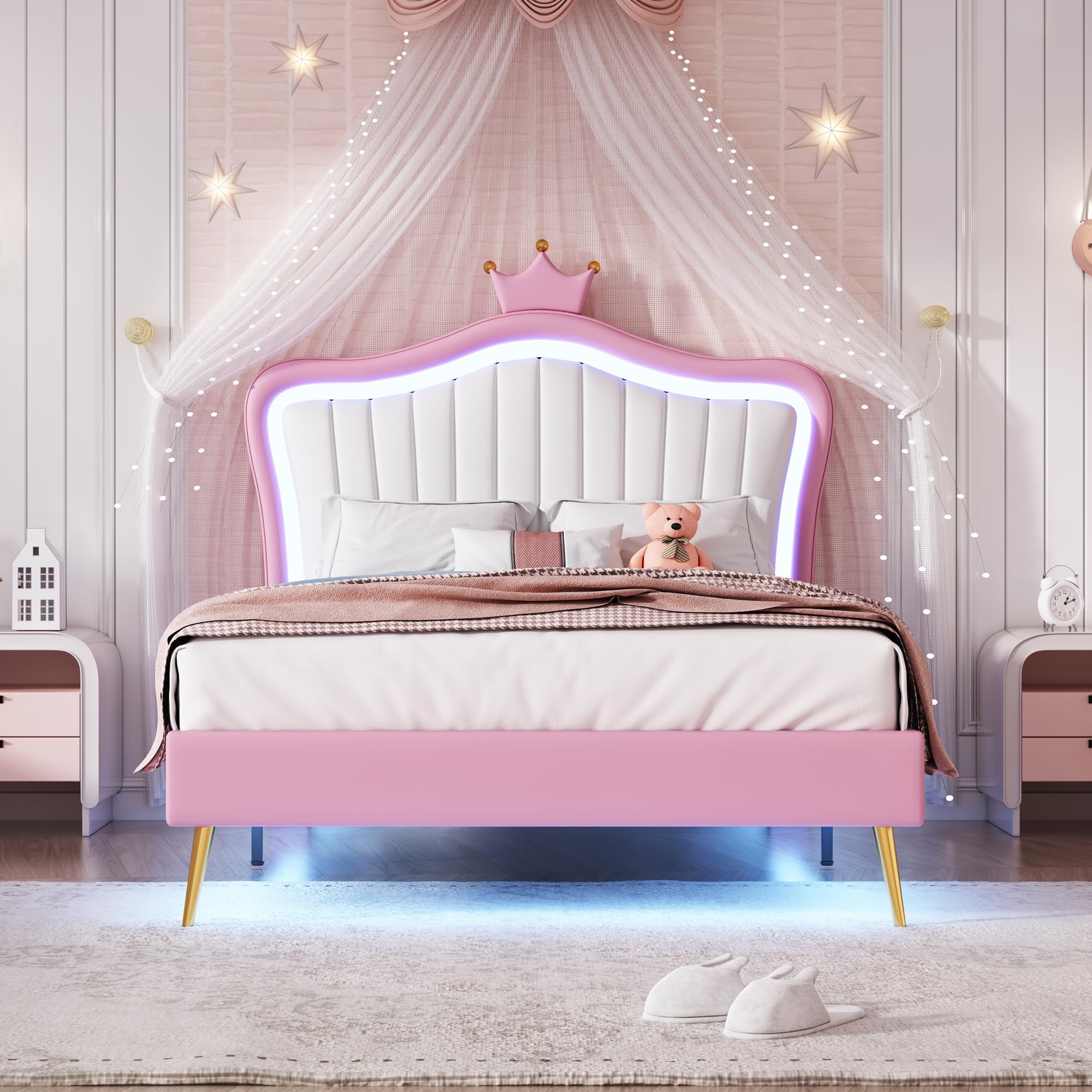 Twin Size Upholstered Princess Bed Frame with LED Lights and Crown Headboard,for Kids Boys Girls Teens Bedroom Use (White+Pink@LED//, Twin)