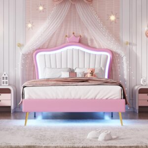 Bekeknlny Modern Upholstered Princess Bed with Crown Headboard and LED Lights,Twin Size PU Upholstered Bed Frame for Kids Boys Girls Bedroom (White+Pink/PU, Twin)