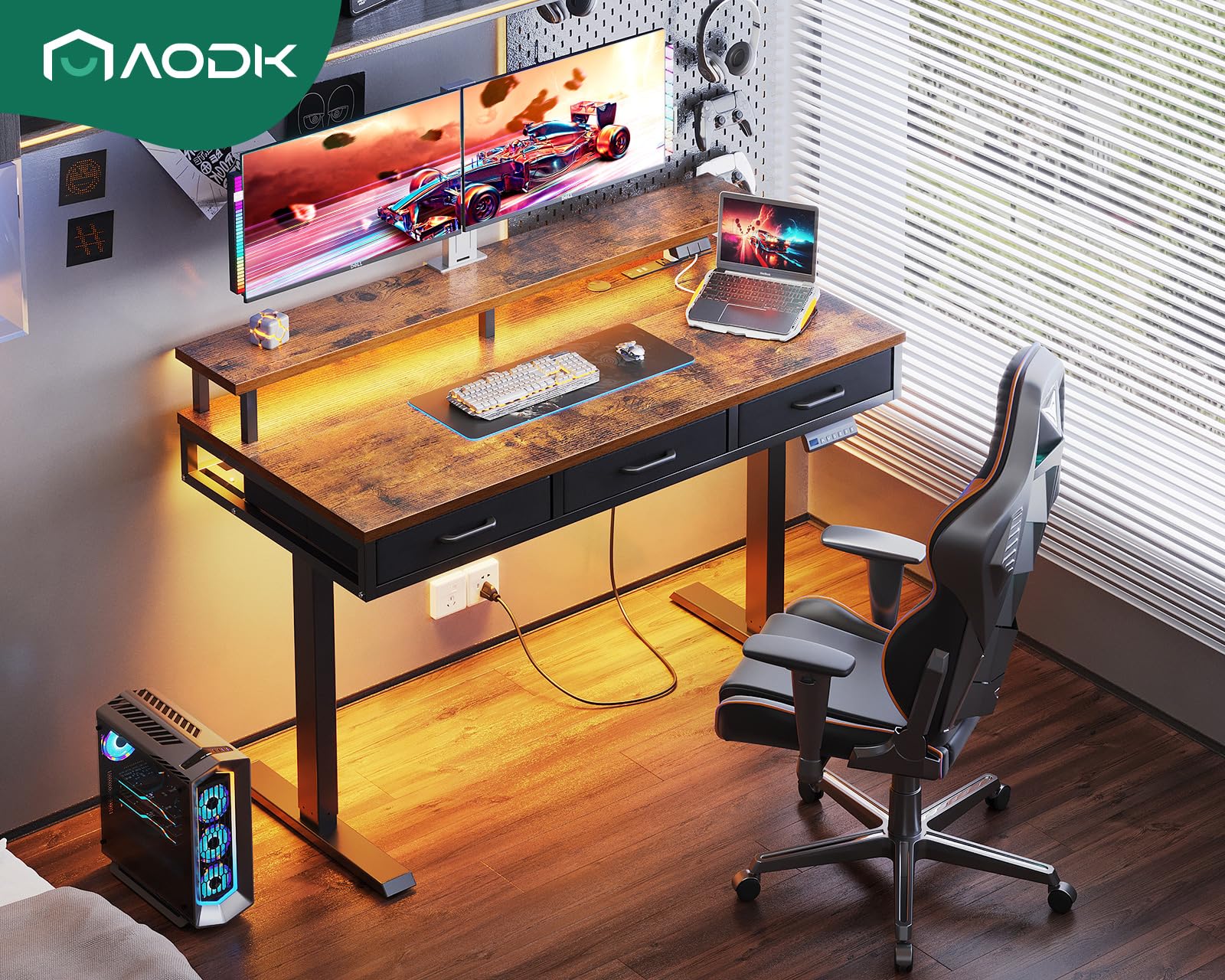 AODK Electric Standing Desk with Drawers, 55 Inch Height Adjustable Gaming Desk with Power Outlets & LED Lights, Sit Stand Table with Monitor Stand for Home, Office, Workstation, Rustic Brown