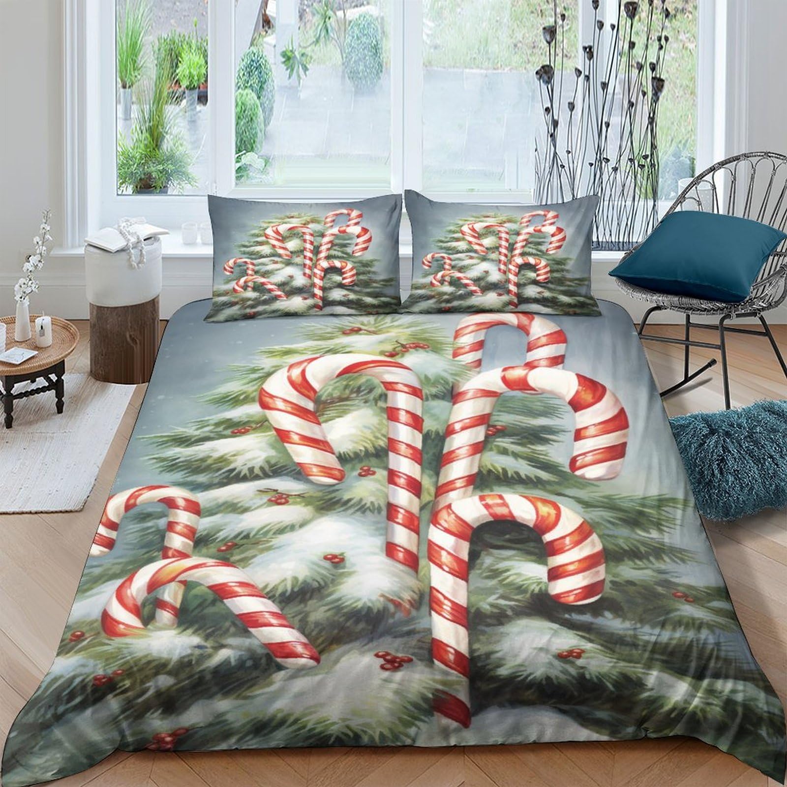 JALYKA Candy Canes Comforter Cover Bedding Sets for Girls Boys Teens 3D Print Christmas Theme Duvet Cover Sets Microfiber 3 Piece Quilt Cover Room Decor with Pillowcases Zipper Queen（228x228cm）