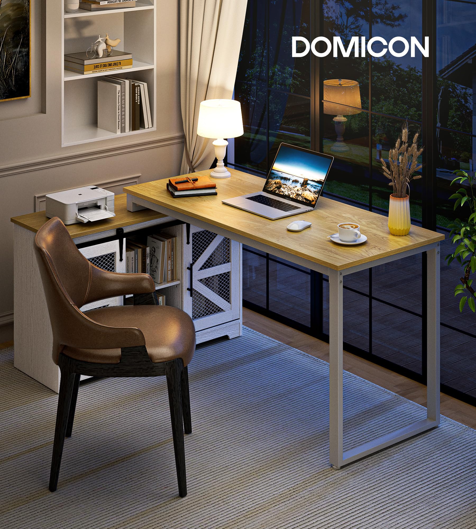 DOMICON Rustic Corner Desk with Storage, L Shaped Farmhouse Office Desk with Sufficient Storage Capacity, Built-in Power Socket and Barn Door Design