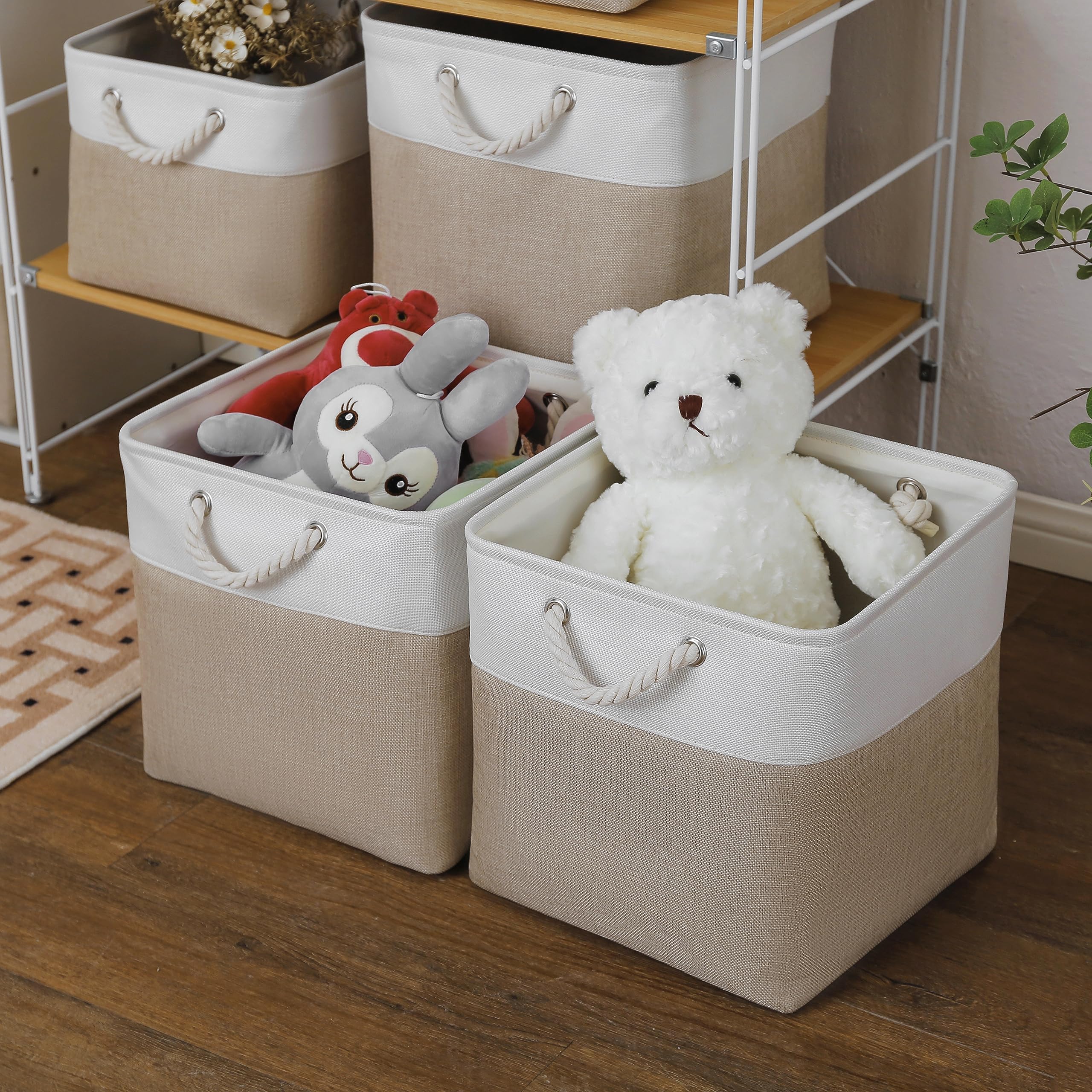 MidmmVick 13 x 13 Inch Cube Storage Bins, 6 Pack Extra Large Collapsible Fabric Storage Bin with Ropes, Foldable Storage Cubes for Home (White & Beige-13"x13"x13")