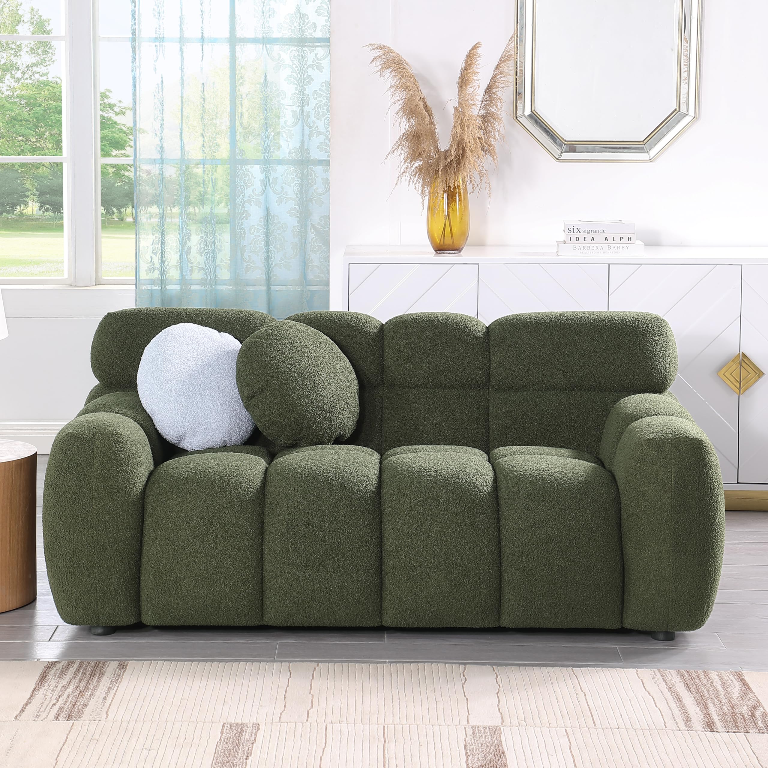 Modern Cloud Couch, 65" Comfy Upholstered Loveseat Sofa with Boucle Fabric, Stylish Marshmallow Sofa with 2 Round Pillows, 2 Seater Sofa for Living Room, Apartment, Office, Olive Green