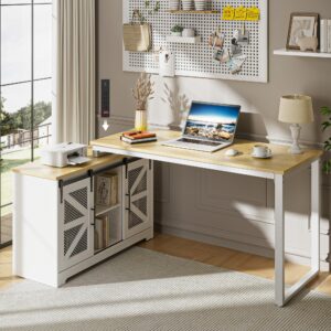 domicon rustic corner desk with storage, l shaped farmhouse office desk with sufficient storage capacity, built-in power socket and barn door design