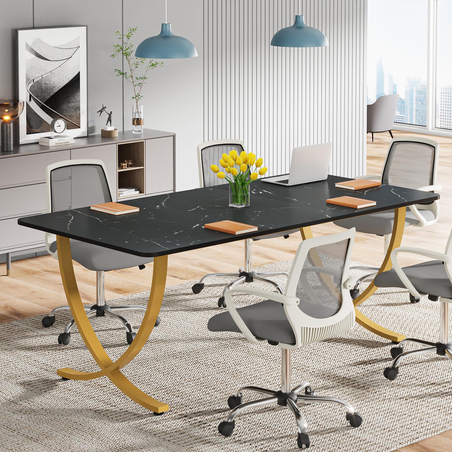 Tribesigns Executive Desk, 63” W x 31.5” D Large Office Desk, Modern Computer Desk Conference Table Meeting Room Table, Business Furniture for Home Office, Black and Gold