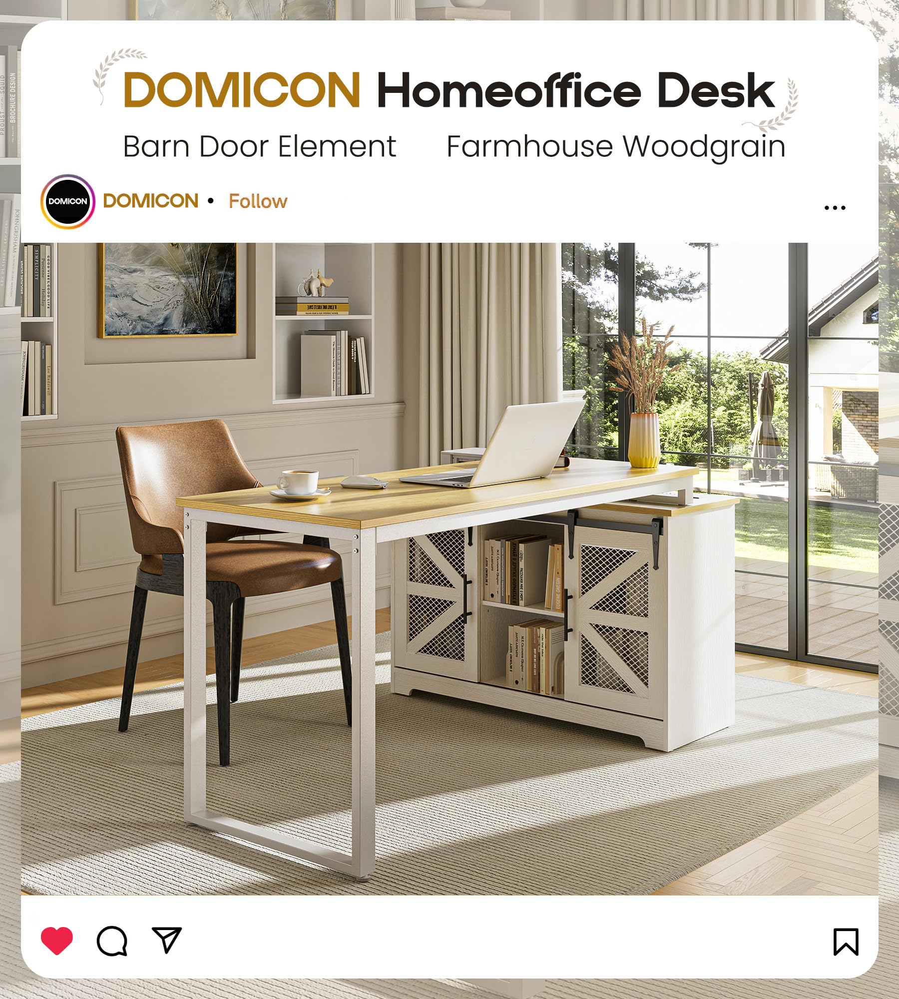 DOMICON Rustic Corner Desk with Storage, L Shaped Farmhouse Office Desk with Sufficient Storage Capacity, Built-in Power Socket and Barn Door Design