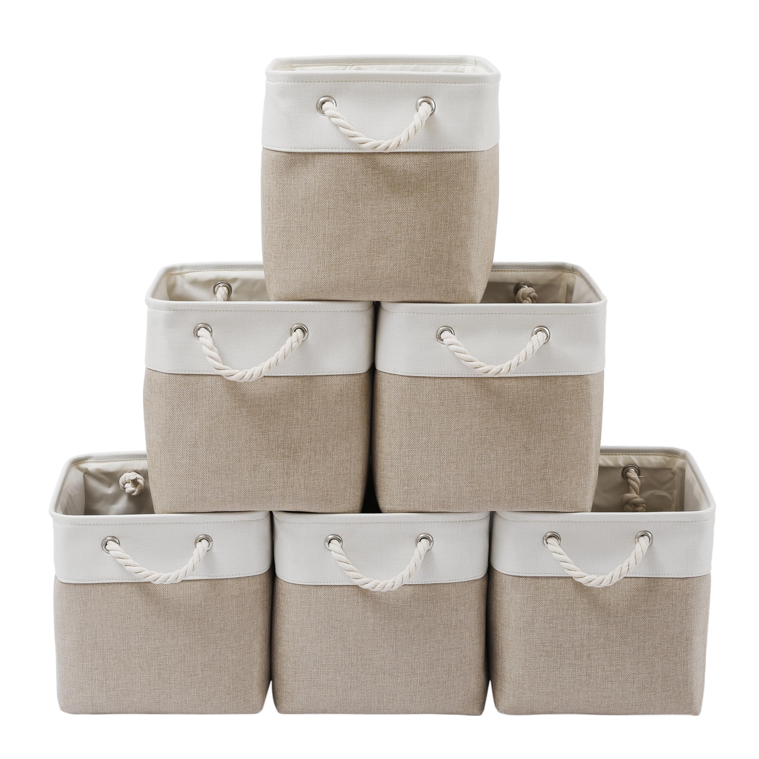 MidmmVick 13 x 13 Inch Cube Storage Bins, 6 Pack Extra Large Collapsible Fabric Storage Bin with Ropes, Foldable Storage Cubes for Home (White & Beige-13"x13"x13")