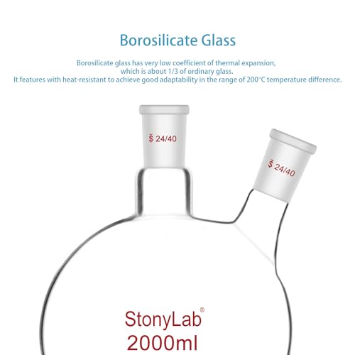 stonylab Flat Bottom Flask FBF, Heavy Wall 2-Neck Lab Flask Borosilicate Glass Flat Bottom Boiling Flask with 24/40 Standard Joint, 2000 ml (2 L)