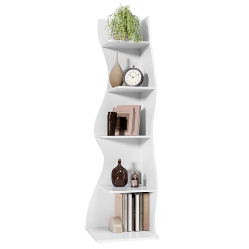 LITTLE TREE Small Corner Shelf, Modern 5-Tier Wall Corner Bookshelf, Stylish Bookcase Storage Rack for Small Space, Living Room, Bedroom