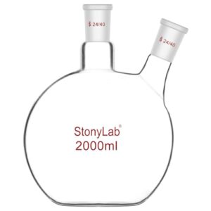 stonylab flat bottom flask fbf, heavy wall 2-neck lab flask borosilicate glass flat bottom boiling flask with 24/40 standard joint, 2000 ml (2 l)