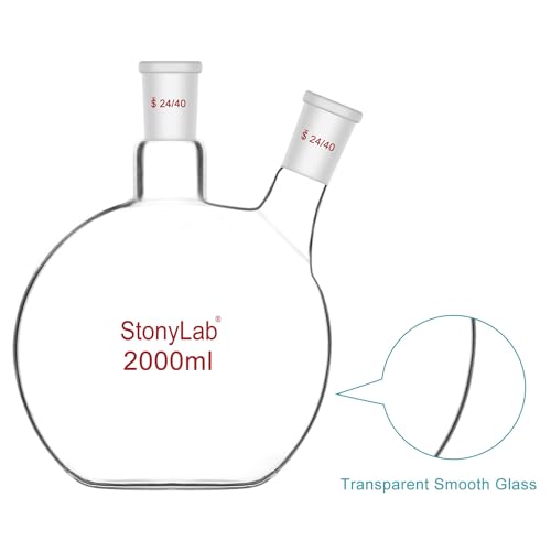 stonylab Flat Bottom Flask FBF, Heavy Wall 2-Neck Lab Flask Borosilicate Glass Flat Bottom Boiling Flask with 24/40 Standard Joint, 2000 ml (2 L)