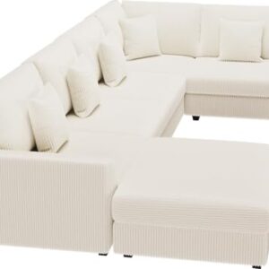 Modular Sectional Sofa, Oversized U Shaped Couch, Convertible Sleeper Sofa, 6 Seat Sofa with Chaise, Deep Seat Comfy Cloud Couch with Ottoman and Five Pillows for Living Room, Corduroy, Beige