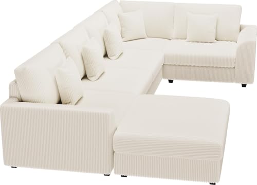 Modular Sectional Sofa, Oversized U Shaped Couch, Convertible Sleeper Sofa, 6 Seat Sofa with Chaise, Deep Seat Comfy Cloud Couch with Ottoman and Five Pillows for Living Room, Corduroy, Beige