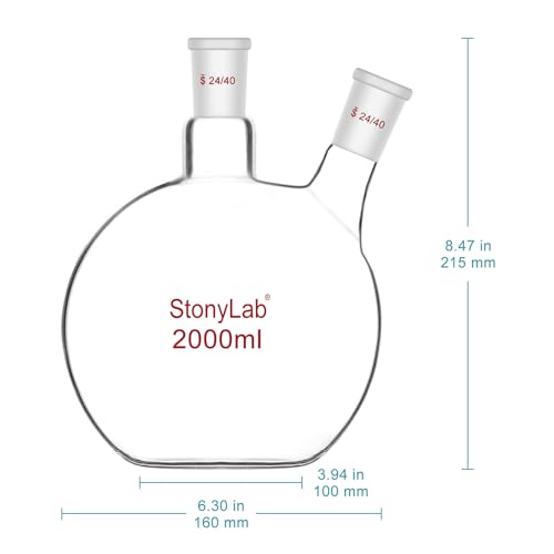 stonylab Flat Bottom Flask FBF, Heavy Wall 2-Neck Lab Flask Borosilicate Glass Flat Bottom Boiling Flask with 24/40 Standard Joint, 2000 ml (2 L)