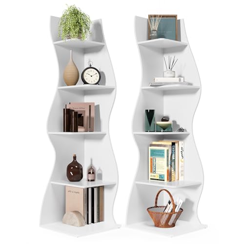 LITTLE TREE Small Corner Shelf, Modern 5-Tier Wall Corner Bookshelf, Stylish Bookcase Storage Rack for Small Space, Living Room, Bedroom