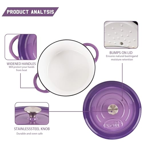 AILIBOO 6 QT Enameled Dutch Oven Pot with Lid-Dual Handles-Oven Safe up to 500° F or on Stovetop Use to Marinate, Cook, Bake, Refrigerate and Serve-Purple Dutch Oven 6 Quart