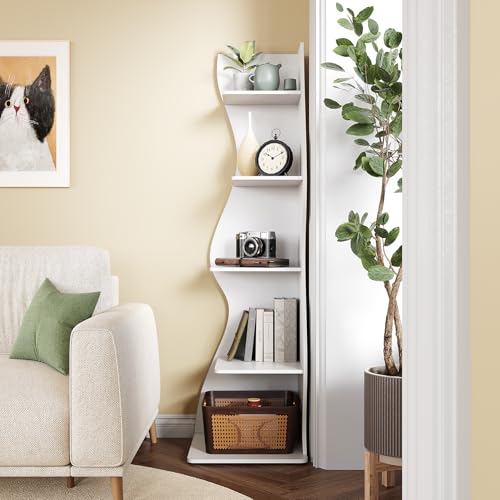 LITTLE TREE Small Corner Shelf, Modern 5-Tier Wall Corner Bookshelf, Stylish Bookcase Storage Rack for Small Space, Living Room, Bedroom